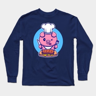 Cute Pig Chef Eating Beef Steak Cartoon Long Sleeve T-Shirt